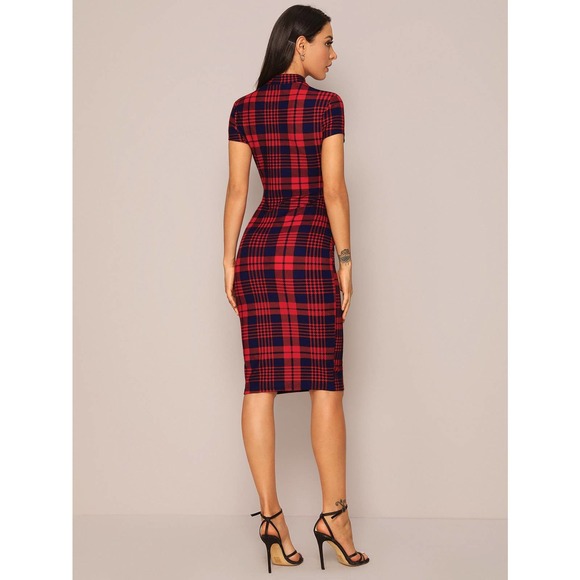 Mock Neck Plaid Form Fitted Dress red black - Picture 2 of 6